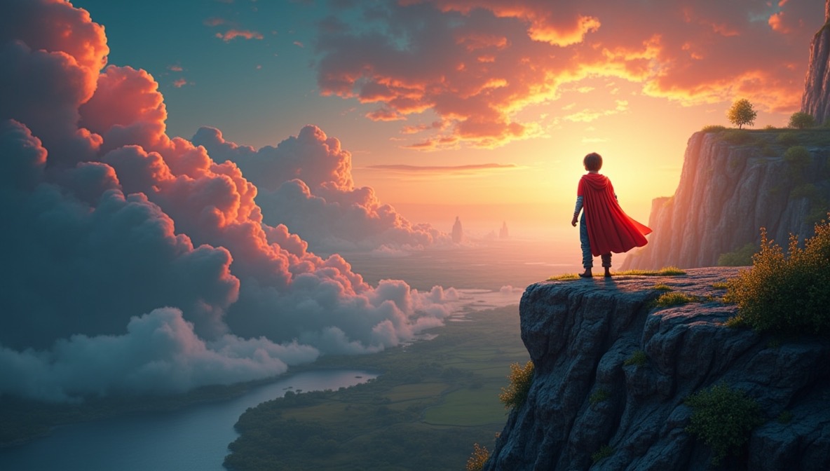 A child in a red cape standing on a cliff at sunset